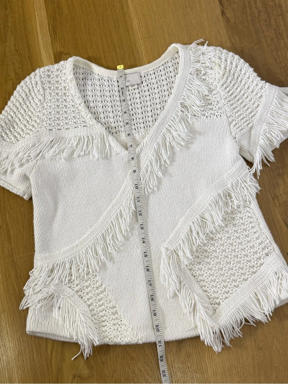 Anthropologie V-Neck Short Sleeve Cotton-Silk Fringe Knit Top size Small